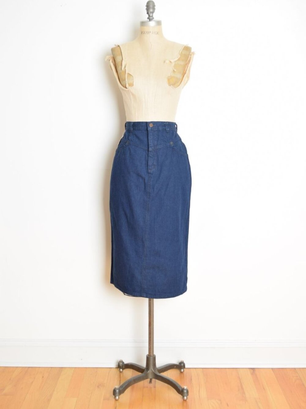 vintage 80s jean skirt denim high waist rise slim pencil midi skirt S Cherokee